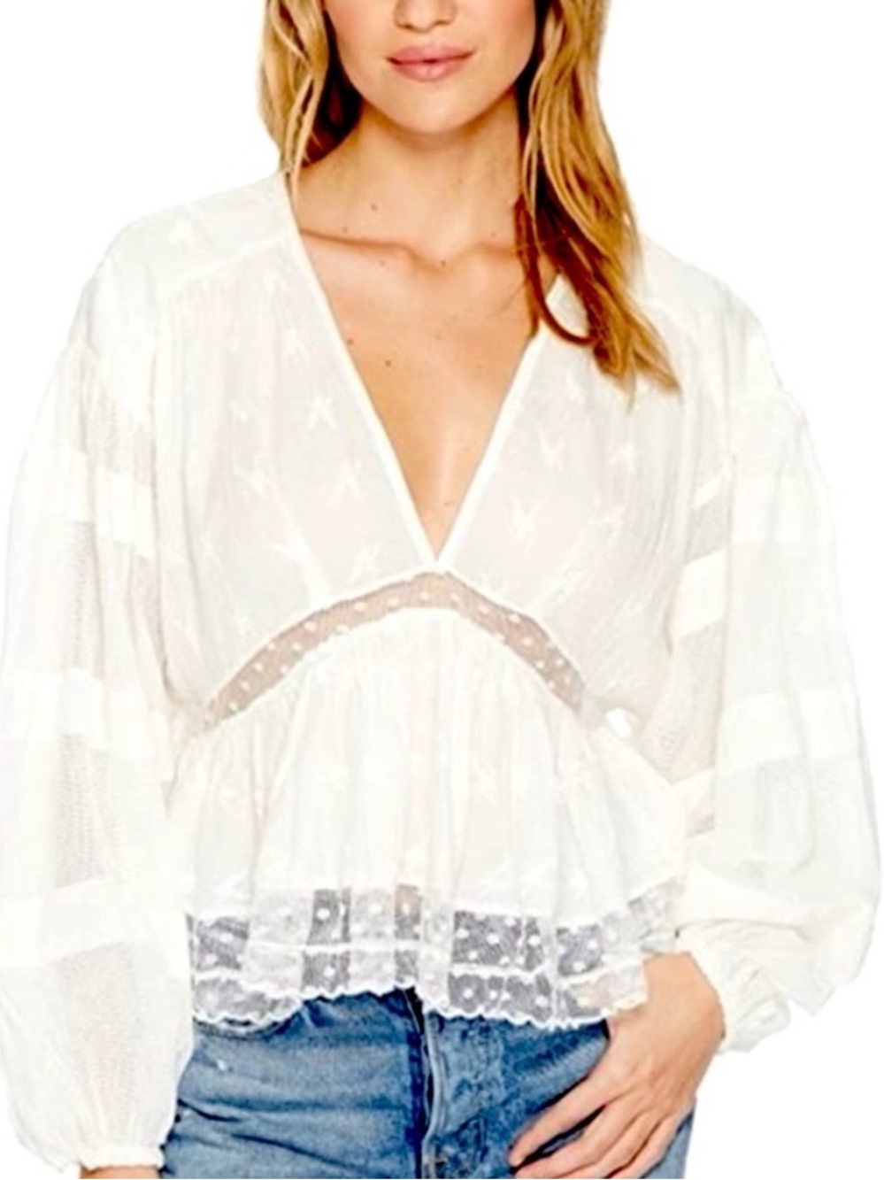 Free People Nostalgic Feels Blouse Embroidered Lace White Size M EUC